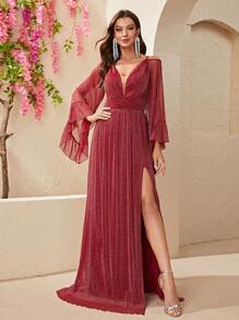 YISIKADO 深V領高衩正式洋裝 - 紅色 - 查看 5