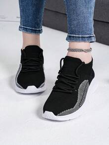 運動跑步鞋適用於女士條紋圖案前綁帶運動鞋 - 黑與白 - 查看 3