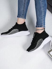 運動跑步鞋適用於女士條紋圖案前綁帶運動鞋 - 黑與白 - 查看 4