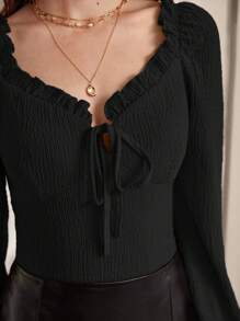 SHEIN Frenchy Tie Front Frill Trim Flounce Sleeve Tee - Black - View 5