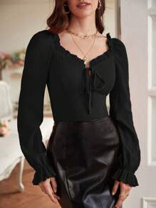 SHEIN Frenchy Tie Front Frill Trim Flounce Sleeve Tee - Black - View 6