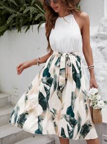 SHEIN VCAY Tropical Print Belted Halter Dress - Multicolor - View 1