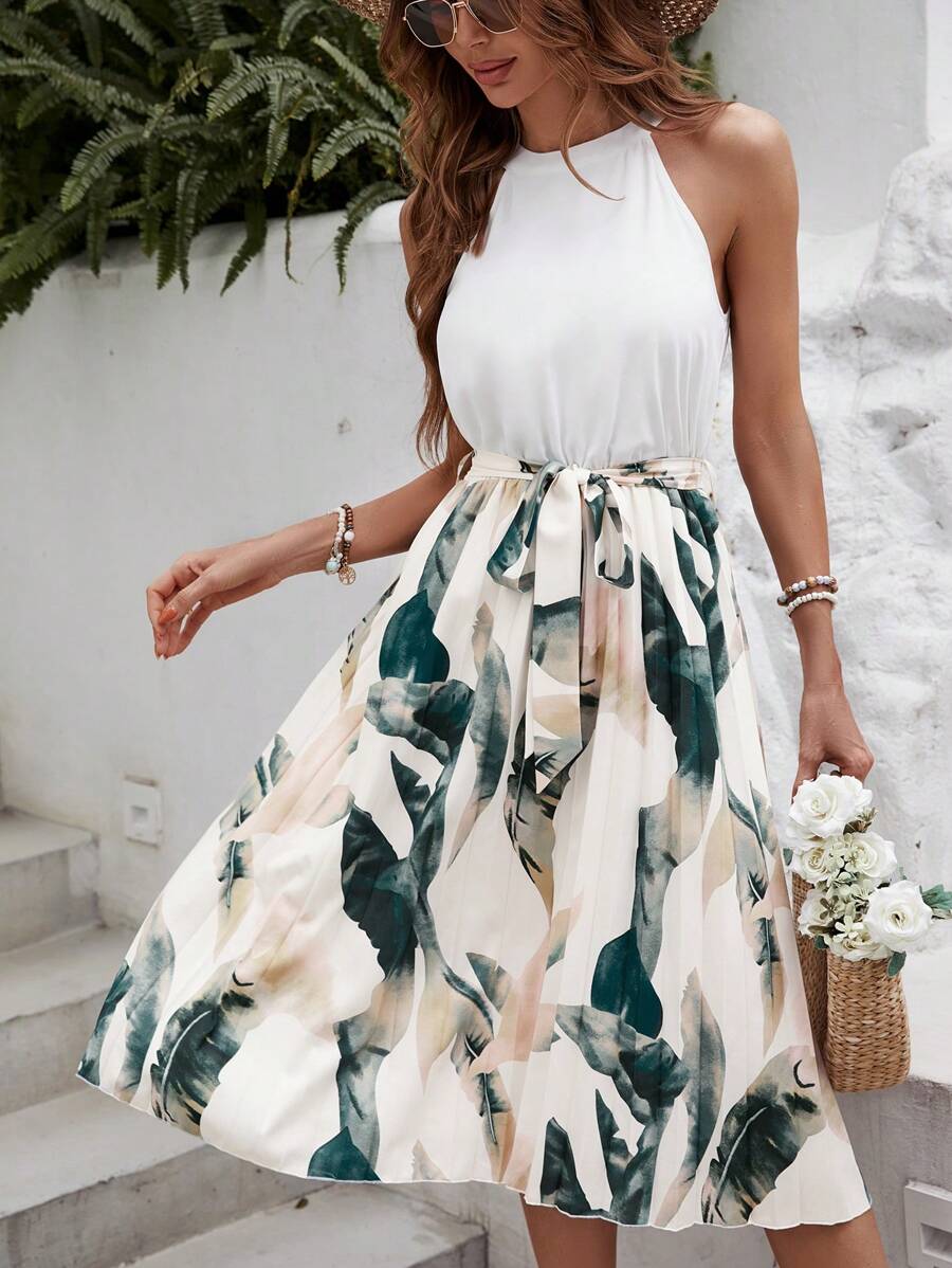 SHEIN VCAY Tropical Print Belted Halter Dress - Multicolor - View 1
