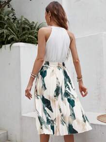 SHEIN VCAY Tropical Print Belted Halter Dress - Multicolor - View 2