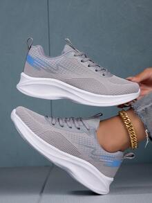 Sporty Running Shoes For Women, Colorblock Lace-up Front Sneakers - Grey - View 2