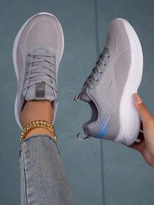Sporty Running Shoes For Women, Colorblock Lace-up Front Sneakers - Grey - View 3