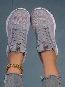 Sporty Running Shoes For Women, Colorblock Lace-up Front Sneakers - Grey - View 4