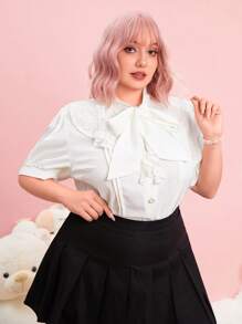 ROMWE Kawaii Áo sơ mi Plus Size Tương phản ren Nút phía trước màu trơn Thanh lịch - trắng - Xem 4