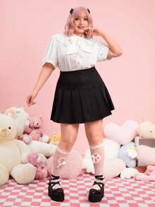 ROMWE Kawaii Áo sơ mi Plus Size Tương phản ren Nút phía trước màu trơn Thanh lịch - trắng - Xem 5