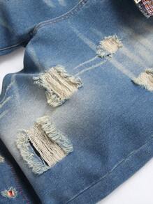 Pantalones cortos de mezclilla lavados con cloro rasgados y deshilachados para hombres - Azul lavado medio - Ver 8