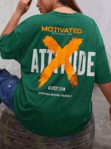 SHEIN EZwear Camiseta de hombros caídos con estampado de slogan - Verde - Ver 1