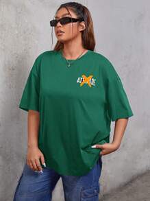 SHEIN EZwear Camiseta de hombros caídos con estampado de slogan - Verde - Ver 4