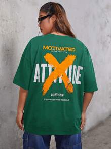 SHEIN EZwear Camiseta de hombros caídos con estampado de slogan - Verde - Ver 5