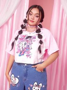 ROMWE Anime Plus Cartoon & Colourblock Graphic Tee - Multicolor - View 3