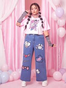 ROMWE Anime Plus Cartoon & Colourblock Graphic Tee - Multicolor - View 4