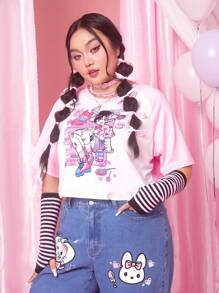 ROMWE Anime Plus Cartoon & Colourblock Graphic Tee - Multicolor - View 5