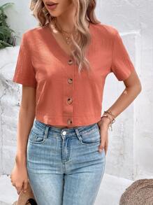 Breezaya 纯色前扣女式衬衫，短袖上衣 - 鏽棕色 - 查看 3