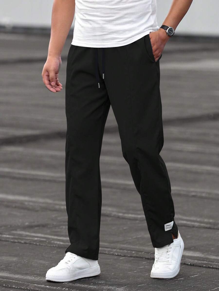 Manfinity Homme Men Letter Patched Detail Drawstring Waist Trousers - Black - View 1