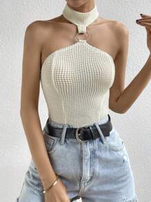 Chiquease Áo khoác và áo lót dành cho xe tăng nữ Lộ Lưng Nhẫn màu trơn Gợi cảm - Màu be - Xem 4