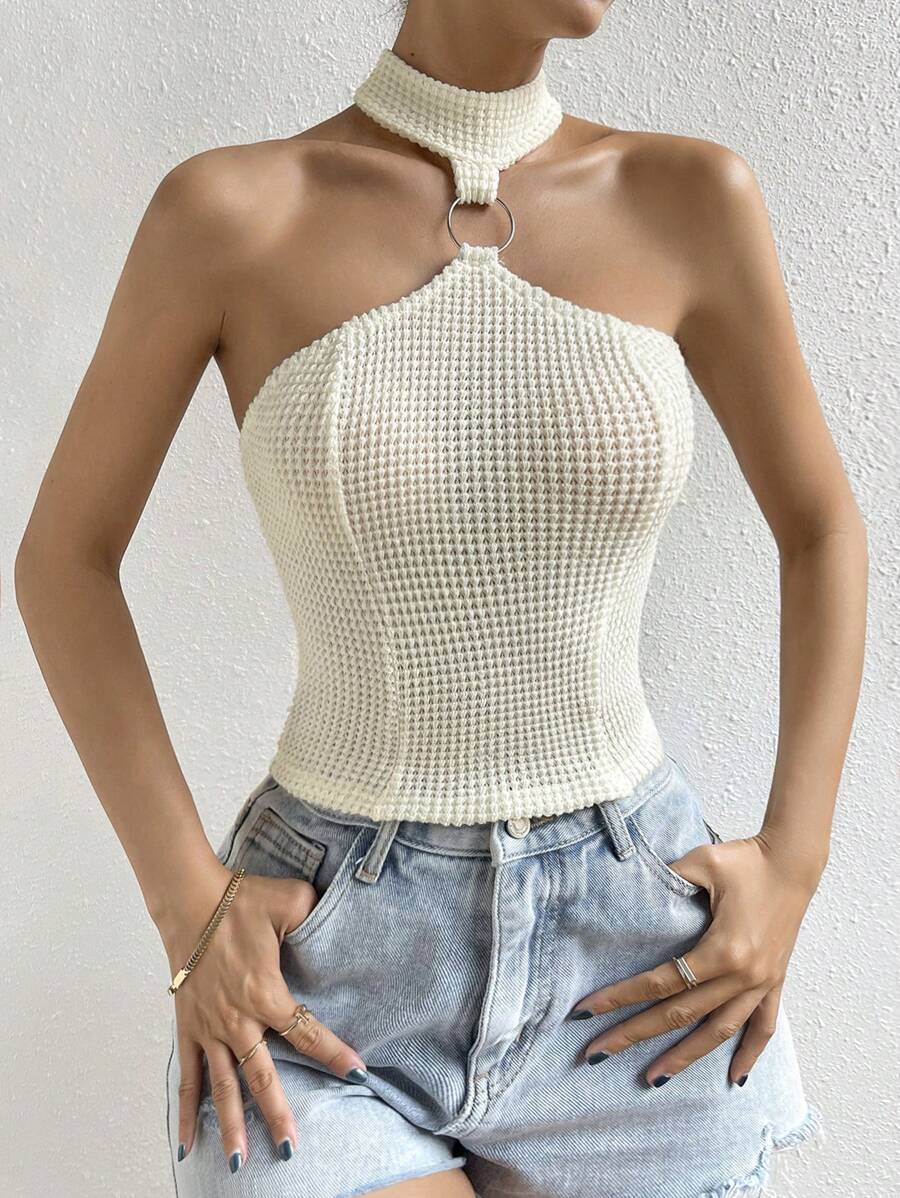 Chiquease Áo khoác và áo lót dành cho xe tăng nữ Lộ Lưng Nhẫn màu trơn Gợi cảm - Màu be - Xem 1