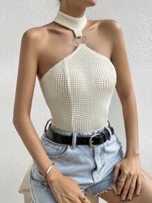 Chiquease Áo khoác và áo lót dành cho xe tăng nữ Lộ Lưng Nhẫn màu trơn Gợi cảm - Màu be - Xem 6