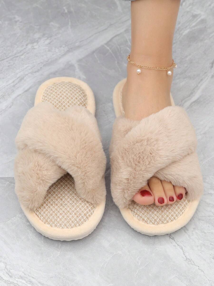 Dép Đi Trong Nhà Thời Trang Cho Nữ, Dép Đi Trong Nhà Quai Quai Lông Xù - Màu Khaki - Xem 1