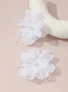 2件套女孩白色花朵珍珠发夹套装，适合日常装饰 - 白色 - 查看 5