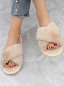 Dép Đi Trong Nhà Thời Trang Cho Nữ, Dép Đi Trong Nhà Quai Quai Lông Xù - Màu Khaki - Xem 5