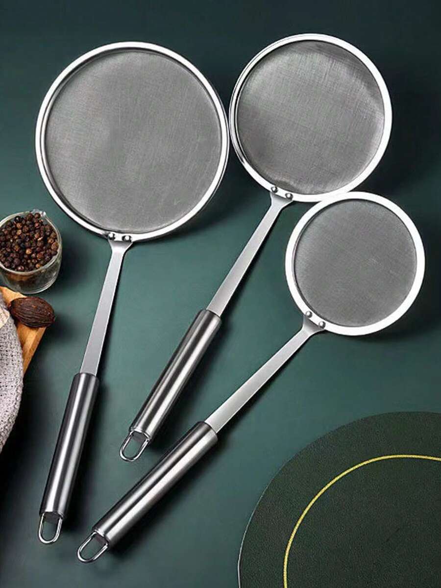 1pc Iron Alloy Mesh Strainer With Handle, Minimalist Silver Food