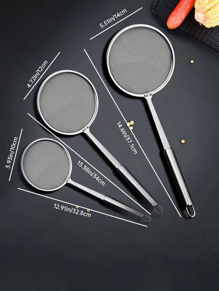 1pc Iron Alloy Mesh Strainer With Handle, Minimalist Silver Food