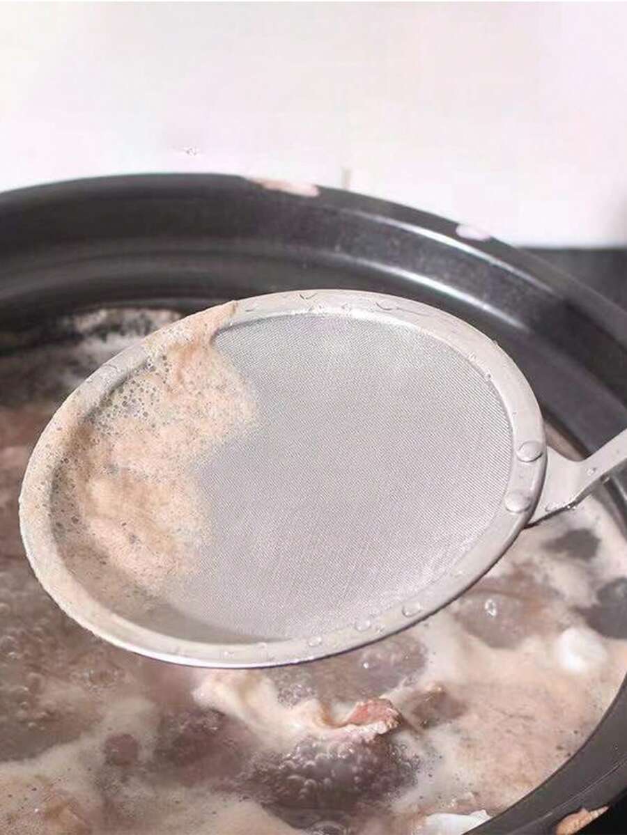 1pc Iron Alloy Mesh Strainer With Handle, Minimalist Silver Food