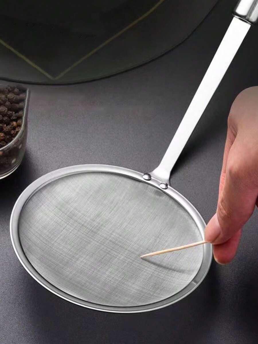 1pc Iron Alloy Mesh Strainer With Handle, Minimalist Silver Food