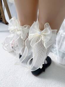 2對女孩心和蝴蝶結裝飾可愛及膝漁網襪適用於日常 - 彩色 - 查看 2