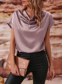 SHEIN Privé Draped Collar Batwing Sleeve Satin Blouse - Dusty Purple - View 1