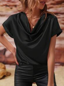 SHEIN Frenchy Áo sơ mi nữ Vắt màu trơn Thanh lịch - màu đen - Xem 4