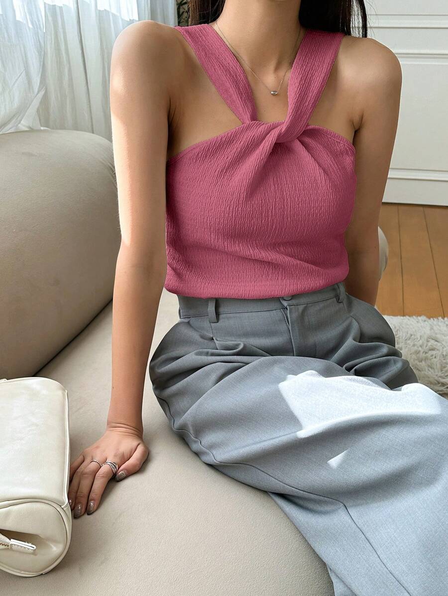 DAZY Top De Tirantes Sólido Con Frente De Torsión - Rosa Fucsia - Ver 1