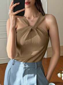 DAZY Solid Twist Front Cami Top - Khaki - View 4