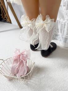 2對女孩心和蝴蝶結裝飾可愛及膝漁網襪適用於日常 - 彩色 - 查看 3
