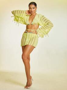 Solid Ripped Tie Backless Skirt Without Panty - Yellow - View 5