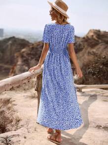 Breezaya Ditsy Floral Print Split Thigh Dress - Blue and White - View 2