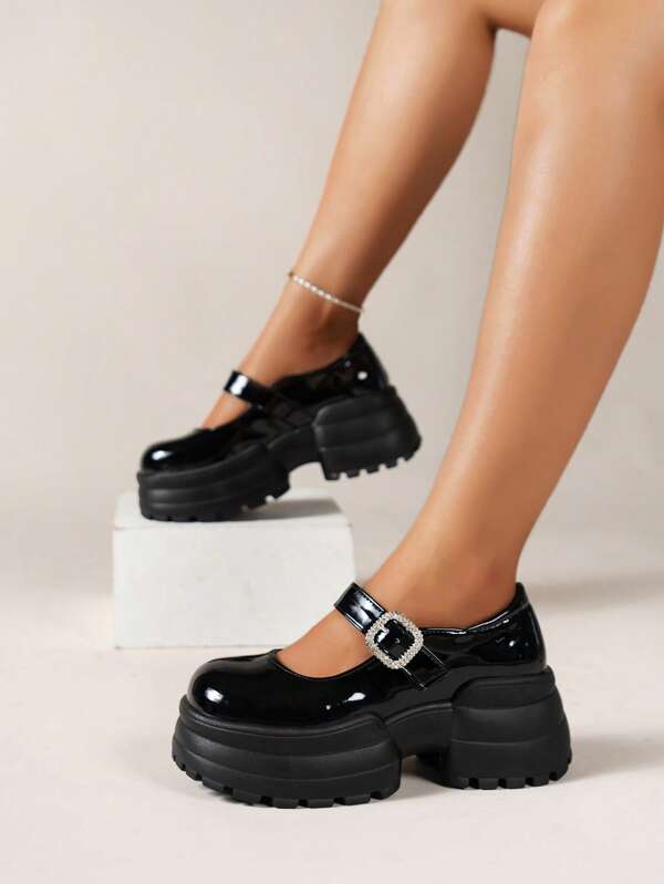 Women Buckle Decor Flatform Mary Jane Shoes, Preppy Outdoor Flatform