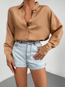 Cottnline Solid Drop Shoulder Button Front Shirt - Brown - View 4