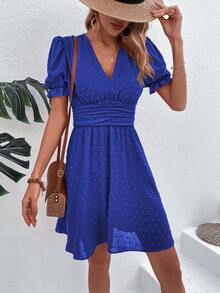 SHEIN LUNE Swiss Dot Puff Sleeve Ruched Waist Dress