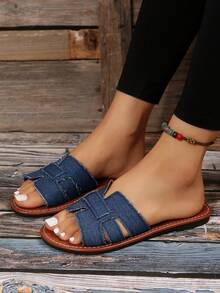 Xăng đan cắt ra tối giản dành cho nữ, Xăng đan đế bằng denim thời trang mùa hè - Màu xanh lam - Xem 2