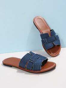 Xăng đan cắt ra tối giản dành cho nữ, Xăng đan đế bằng denim thời trang mùa hè - Màu xanh lam - Xem 4