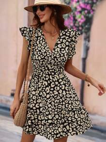 SHEIN LUNE 豹紋印花荷葉邊洋裝 - 黑色 - 查看 1