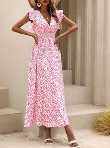 Breezaya 碎花印花荷叶边连衣裙 长款度假海滩装 女款