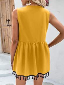 SHEIN LUNE Geo Tape Panel Tassel Trim Open Front Vest Coat - Yellow - View 2