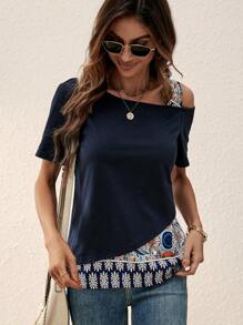 SHEIN LUNE 幾何印花不對稱領T恤 - 黑色 - 查看 1