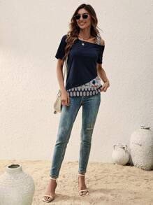 SHEIN LUNE 幾何印花不對稱領T恤 - 黑色 - 查看 3